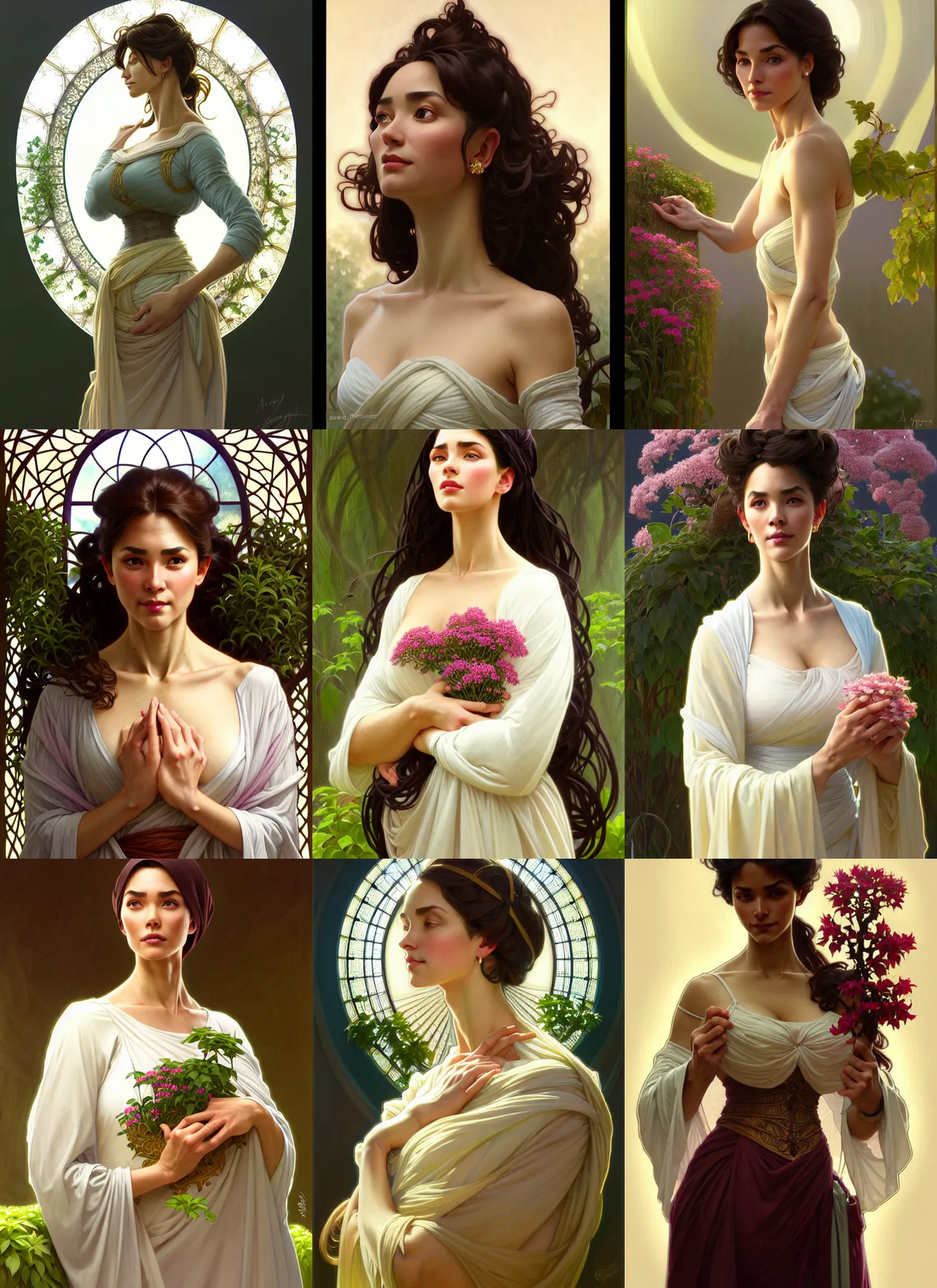 Prompt: character concept portrait of me as modest wife blessed by god to grow ever - more intelligent beautiful voluminous muscular tall and healthy. modestly clothed, in garden, intricate, elegant, highly detailed, digital painting, artstation, concept art, symmetry, smooth, sharp focus, illustration, art by artgerm and greg rutkowski and alphonse mucha