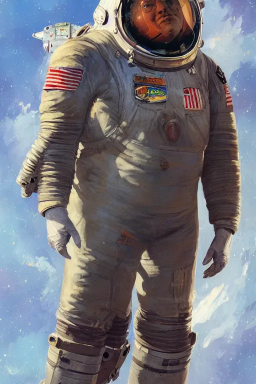 Image similar to upper body portrait of an obese kiefer sutherland wearing old tattered leather spacesuit, spaceship and nebula in the background, illustration by normal rockwell and mandy jurgens, influenced by john berkey and greg rutkowski, artstation character concept