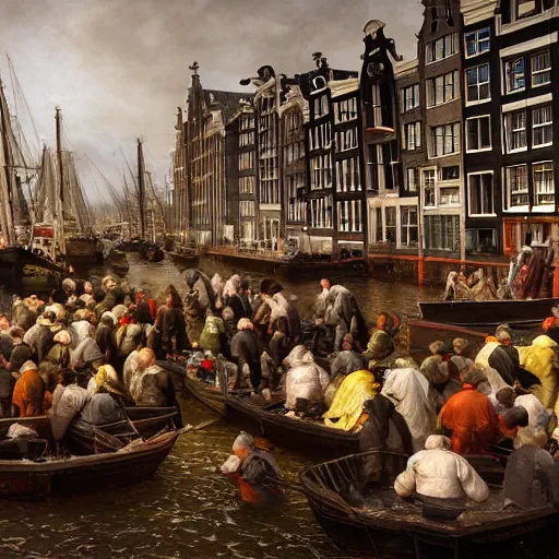 Prompt: Amsterdam Fish Market with huge crowd of Calvinists dress in black in the 17th century. realistic, digital art. Photo realistic, hyperdetailed, HD, Octane Render Substance Designer. Hiroshi Yoshida, James Gurney, Norman Rockwell, Albert Bierstadt, Marc Simonetti, John Harris, Peter Mohrbacher, Ralph McQuarrie.