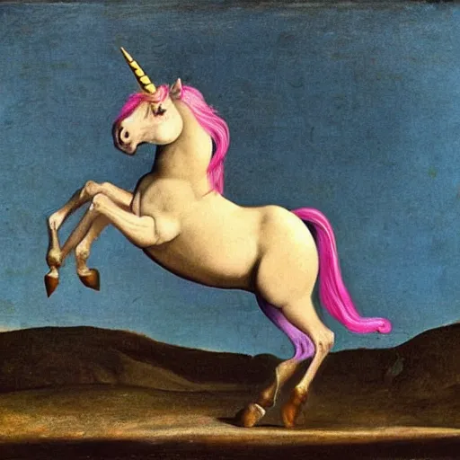 Image similar to a unicorn walking on rainbow in the style of caravaggio