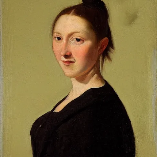 Image similar to painting of a beautiful young woman in the style of the old dutch masters with exaggerated proportions, huge bust, curvy waist