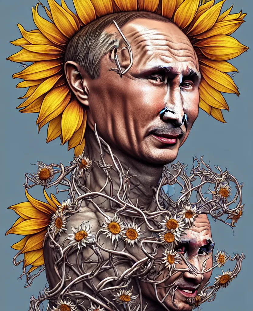 Image similar to digital art, centered full body of Putin smiling king, Sunflower crown, ,intricate, veins, by James Jean and by artgerm , by ross tran ultradetailed, charachter design, concept art, trending on artstation,