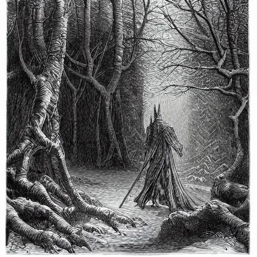 Prompt: The night king wandering through Fanal Forest, engraving by gustave dore. Colored engraving.