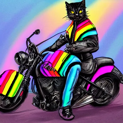 Image similar to wide angle full body, jacket wearing fluffy cute rainbow kitten wearing a black leather motorcycle jacket, riding on a motorcycle, cinematic concept art