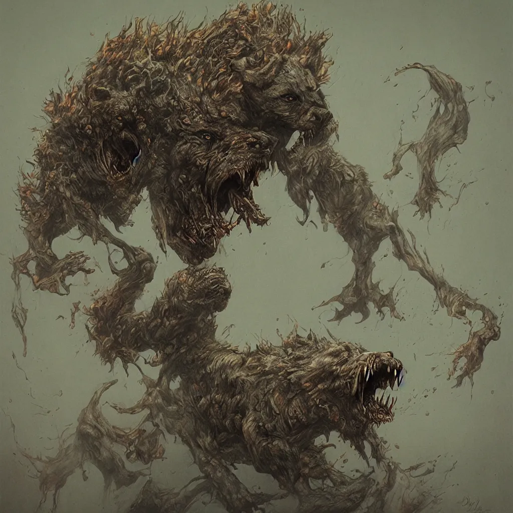 Prompt: demonic and deformed hyena, breathing fire out of its mouth, in the style of zdislaw beksinski