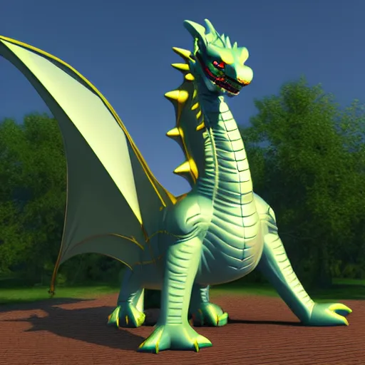 Image similar to an inflatable dragon is standing in the air, a character portrait by toyen, polycount, plasticien, rendered in maya, daz 3 d, 3 d