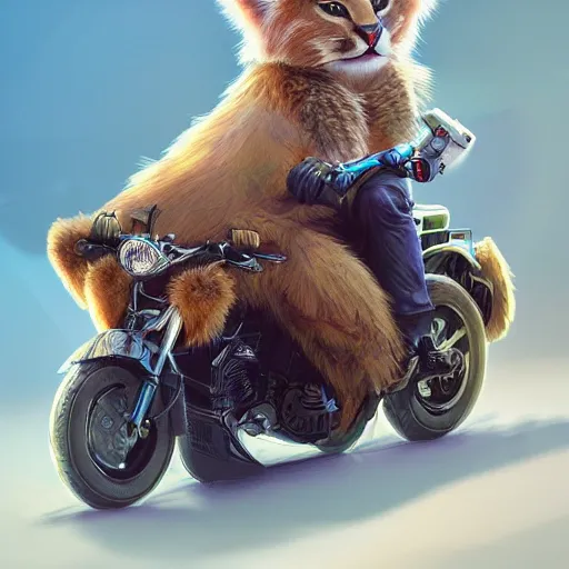 Prompt: cute fluffy caracal riding a motorcycle, hyper detailed, digital art, trending in artstation, cinematic lighting, studio quality, smooth render, unreal engine 5 rendered, octane rendered