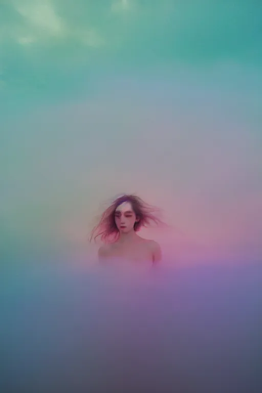 Image similar to high quality pastel coloured film close up wide angle photograph of a model wearing clothing swimming on cloud furniture in a icelandic black rock!! environment in a partially haze filled dreamstate world. three point light, rainbow. photographic production. art directed. pastel colours. volumetric clouds. pastel gradient overlay. waves glitch artefacts. extreme facial clarity. 8 k. filmic.