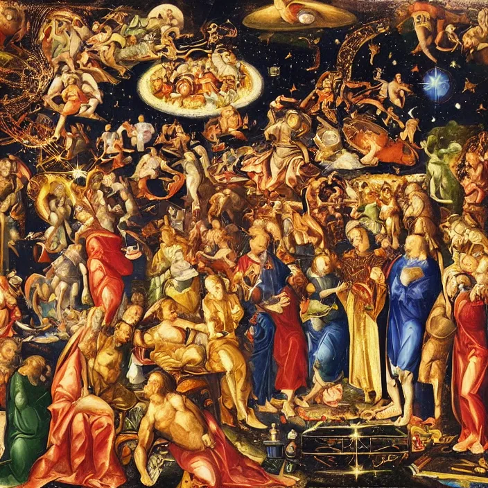 Image similar to the cosmic event at which the unity and the trinity ruptured, creating the false christian god, 16th century painting, prismatic colors