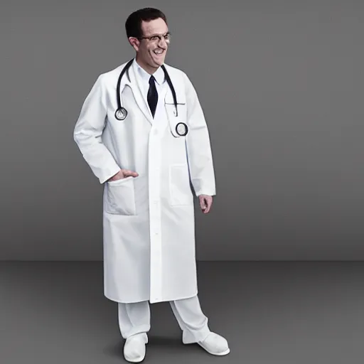 Prompt: “medical doctor wearing a banana costume, wearing a white coat over the suit, wearing a stethoscope in a medical office, hyper realistic” n -5