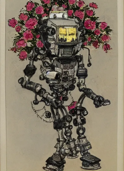 Image similar to Louis Icart, an old elaborate painting of a robot with flowers coming out its head, highly detailed, masterpiece