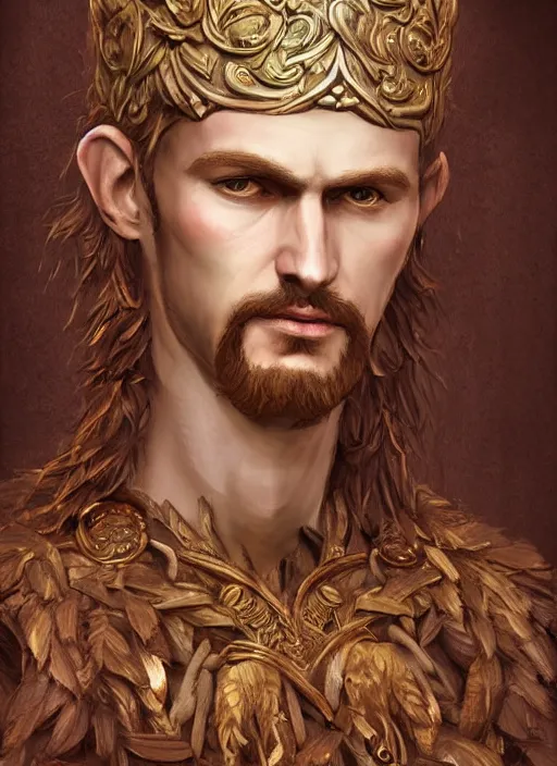 Prompt: a fantasy character portrait of a man made of wood, a wooden man of the forest, pagan god, symmetry, highly detailed digital painting, trending on artstation, art by edmund blair leighton and phil hale and ilya repin and charlie bowater