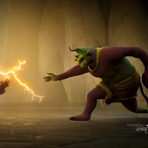 Image similar to Shrek fightning Malenia in Elden Ring, octane render, volumetric lightning 4k