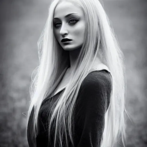 Prompt: modeling photograph sophie turner, blonde, beautiful, dark, mysterious, bubble goth, detailed symmetrical face, half body shot, fog dramatic, teen