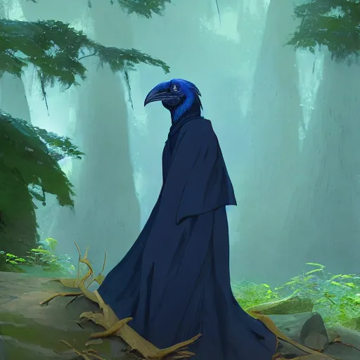 Image similar to concept art painting of an anthropomorphic albino raven wearing dark blue robes, in the deep forest, realistic, detailed, cel shaded, in the style of makoto shinkai and greg rutkowski and james gurney