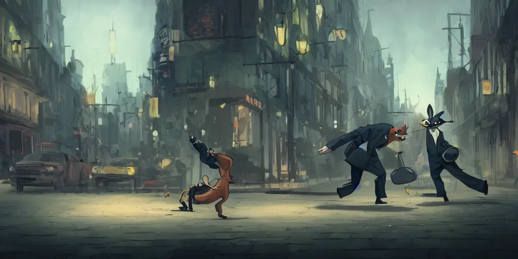 Prompt: two rabbits in suits are fighting, cartoonish, zenith view, warm color palette, night time, dramatic lighting, noir film, fine details, high contrast, blacksad, kim jung gi, greg rutkowski, trending on artstation, 8 k, ultra wide angle