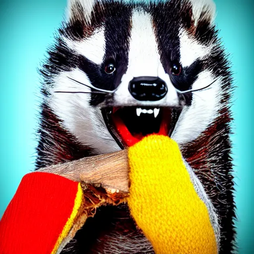 Image similar to angry badger viciously ripping apart a colorful wool sock, digital photography, HDR