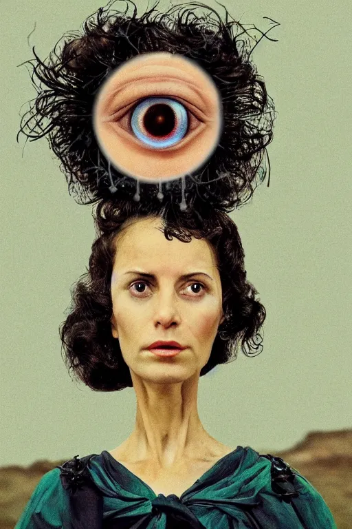 Prompt: hyperrealism close-up fashion portrait of woman, grapevine backdrop with human eyeballs, photo from The Holy Mountain by Alejandro Jodorowsky in style of Francisco Goya