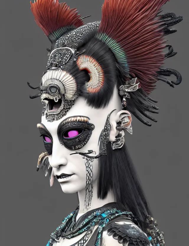 Image similar to 3 d goddess close - up profile portrait punk with mohawk in victorian style with ram skull. beautiful intricately detailed japanese crow kitsune mask and clasical japanese kimono. betta fish, jellyfish phoenix, bio luminescent, plasma, ice, water, wind, creature, artwork by tooth wu and wlop and beeple and greg rutkowski