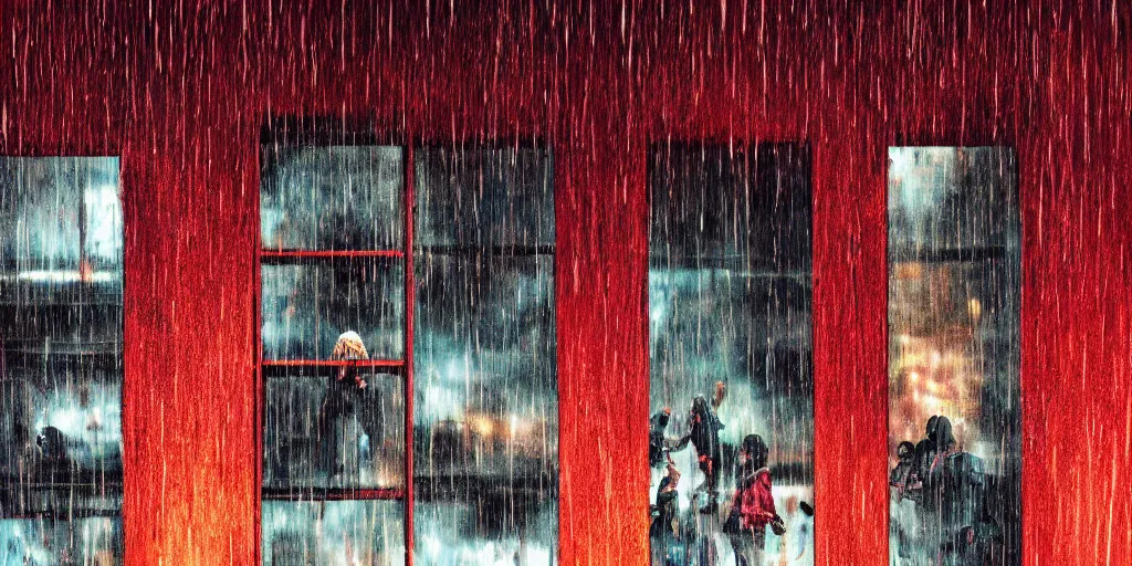 Prompt: macro photograph impoverished migrants gazing out through a large skyscraper window covered in blood below severe weather storms, Los Angeles, detailed ambient lighting, hyper realistic, vibrant colors, cinematic, Fantasy art style, digital art painting by Neil Blevins, cinematic, 35mm grain filter, artstation