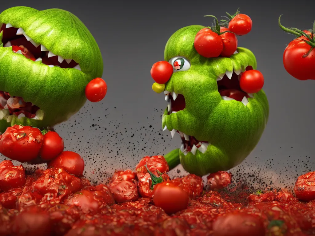 Image similar to highly detailed 3 d render of a raging mad angry zucchini character, dirt road, scared tomates scattered everywhere, high speed action, explosions, dramatic scene, hyper realistic octane render, cinematic lighting, tomato splatter, deviantart, black sky, lowbrow, surrealism, pixar still, mayhem