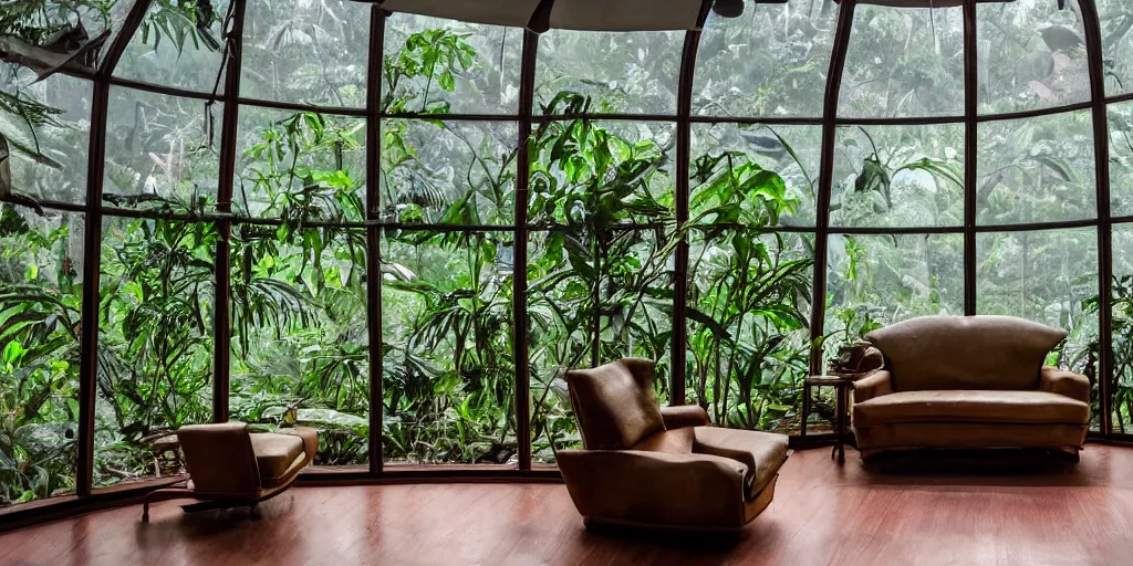 Prompt: a cinematic photo of a glass dome containing an armchair, in a tropical rainforest as a massive storm surrounds it