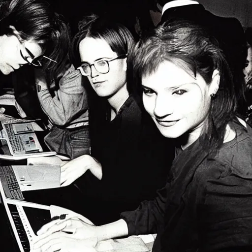 Image similar to the saddest computer party, drinks, 1990s photograph