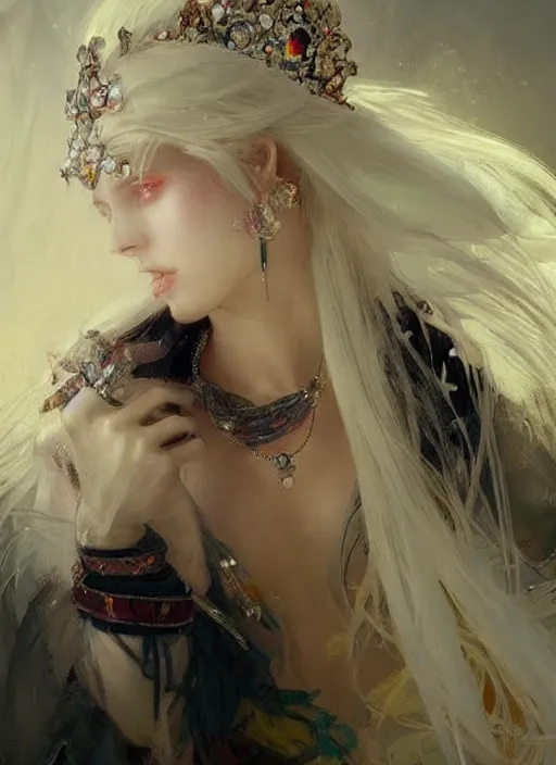 Image similar to a beatiful white haired princess, adorned with precious stone jewelry, intricate concept art, ethereal, ominous, dramatic lighting, Ruan Jia and Jeremy Mann and Alphonse Mucha