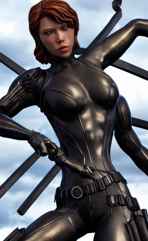 Image similar to black widow, bronze and silver statue, unreal engine, high detailed