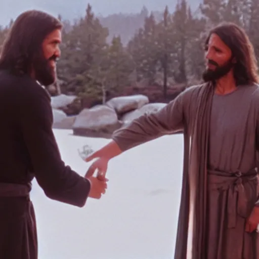 Image similar to film still of Homelander shaking jesus's hand