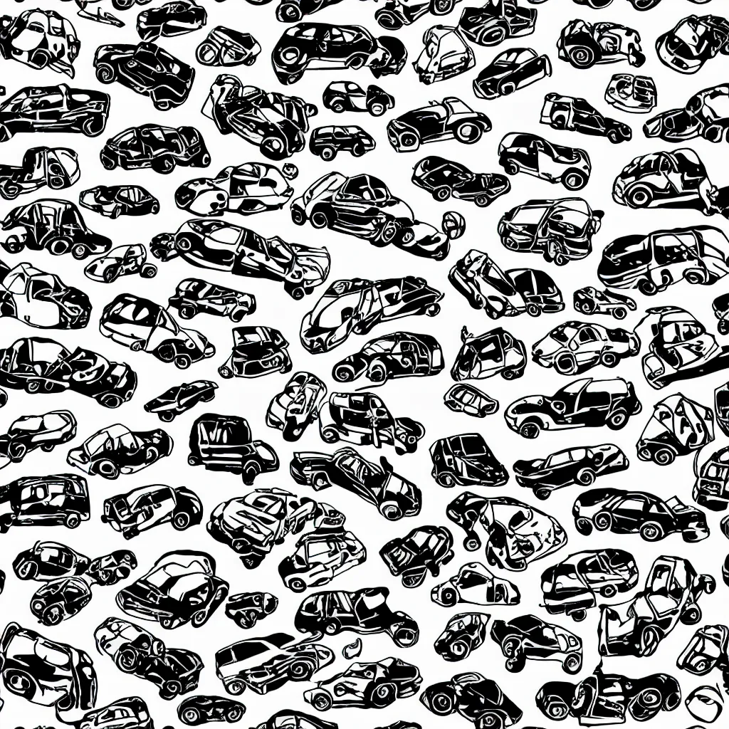 Image similar to seamless tileable pattern showing cars. black and white, drawing, white background, seamless, ornament.