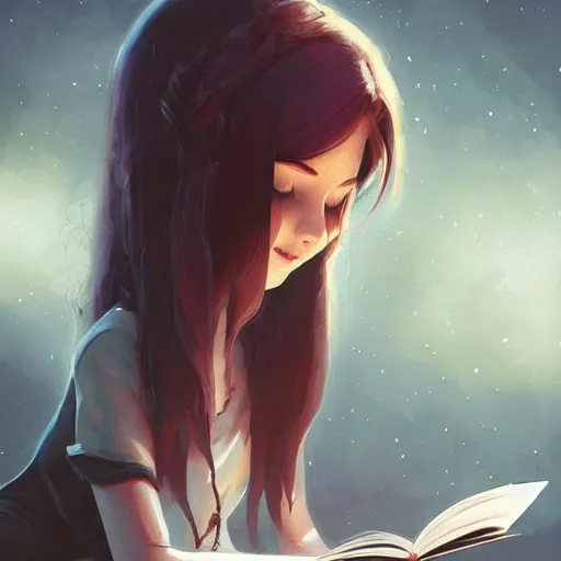 Image similar to a pixar girl reading a book, long hair flowing down, symmetrical, style of by Jordan Grimmer and greg rutkowski, crisp lines and color,