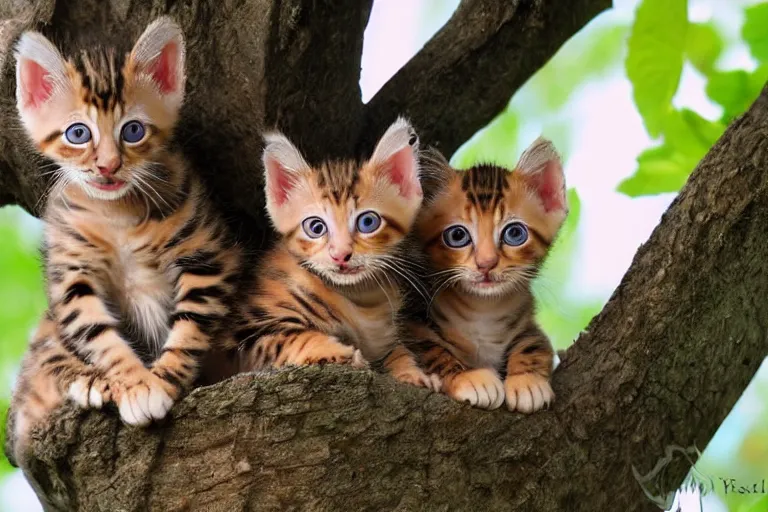 Prompt: bengal kittens that are in a tree and the kittens are looking directly into the camera