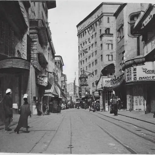 Image similar to city street at 1 9 3 0 s. low angle. old photo