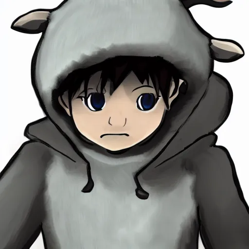 Image similar to little boy wearing sheep suit. white, gray, blue, green and brown pallet color. made in abyss art style, inspired in chris from deltarrune, cute detailed artwork