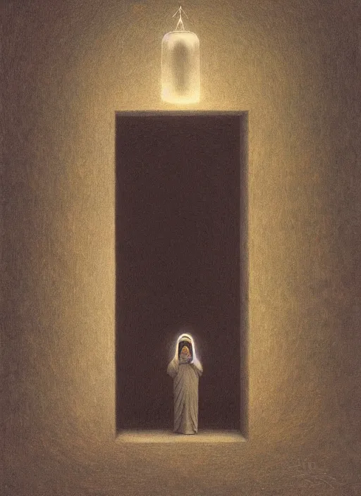 Image similar to A doorway into dunes shows a weeping nun in a flying lantern held aloft by the burning of Aaron\'s Rod Edward Hopper and James Gilleard, Zdzislaw Beksinski, Mark Ryden highly detailed