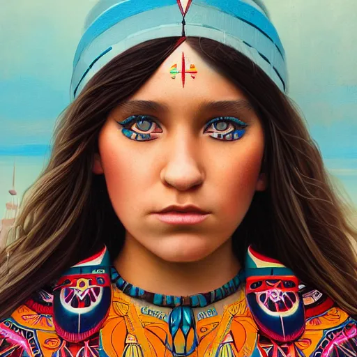 Image similar to London city portrait, native American girl, Pixar style, by Tristan Eaton Stanley Artgerm and Tom Bagshaw.