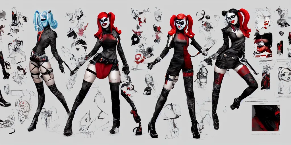 Image similar to harley quinn, character sheet, concept design, contrast, kim jung gi, greg rutkowski, zabrocki, karlkka, jayison devadas, trending on artstation, 8 k, ultra wide angle, pincushion lens effect