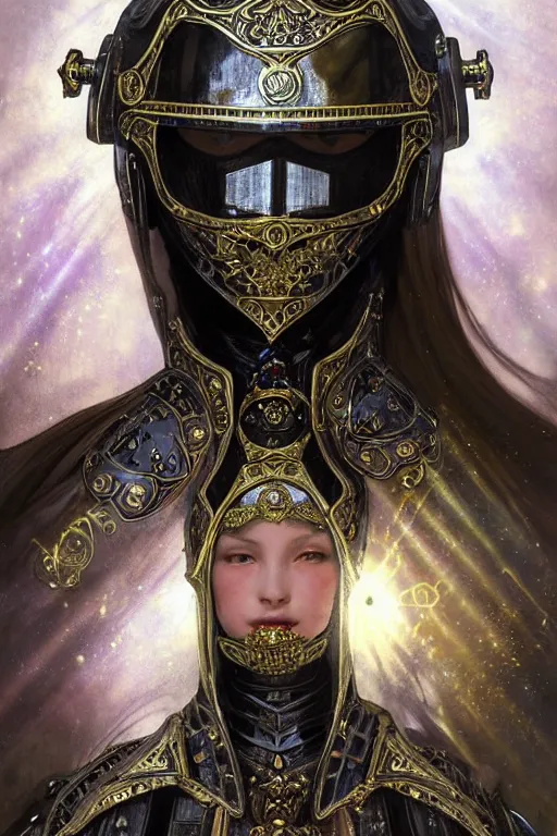 Image similar to beautiful luxury and goddess and victorian and holy female medieval Black armor knight portrait+shiny eyes+front face with light flowing hair, ultradetail face, ruined gothic cathedral, art and illustration by tian zi and craig mullins and WLOP and alphonse mucha, ssci-fi, fantasy, intricate complexity, human structure, hypermaximalist, fantasy character concept, dynamic lighting, neon light, watermark, blurry, hyperrealism 8k