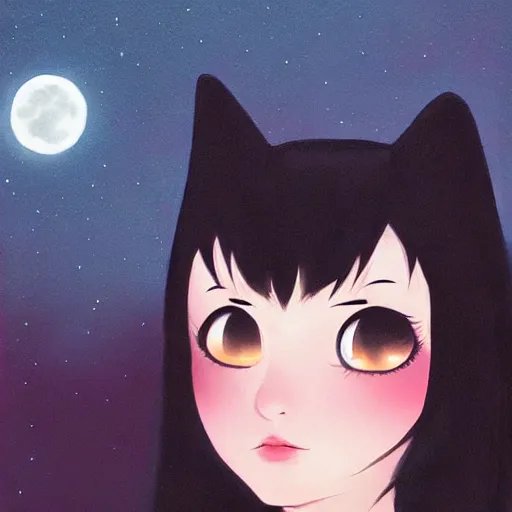 Prompt: black cat, crescent moon, night time, ilya kuvshinov