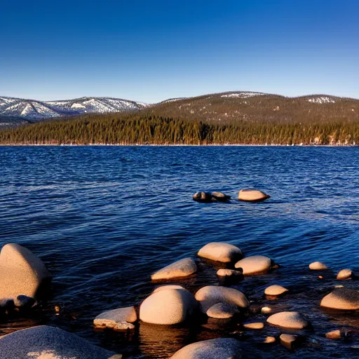 Image similar to nessie at lake tahoe from far off, crystal bay california, professional photography, sunset