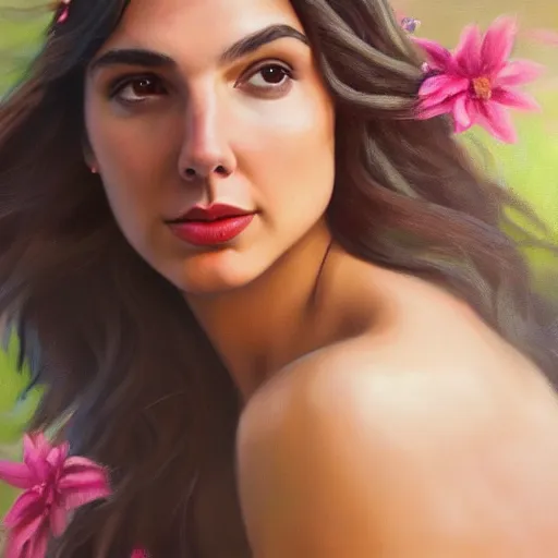 Image similar to fine art oil painting of the beauty gal gadot, she is posing while maintain a sweet eye contact to the camera, she has a crown of flowers, the photo was taken at sunrise with a bokeh effect, by steve mccurry, photorealistic, matte painting, hyper realistic, 4 k, 8 k, cinematic composition, hd, highly detailed, trending on artstation