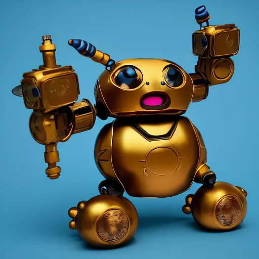 Image similar to a small chubby bot, smooth panelling, one large gold eye intricate detail, style of pokemon, with damaged rusty arms, broken antenna, recycled, floating, white studio, oil, mechanical, toy, ambient light, in the style of pokedstudios, belnder, octane render, 8 k,