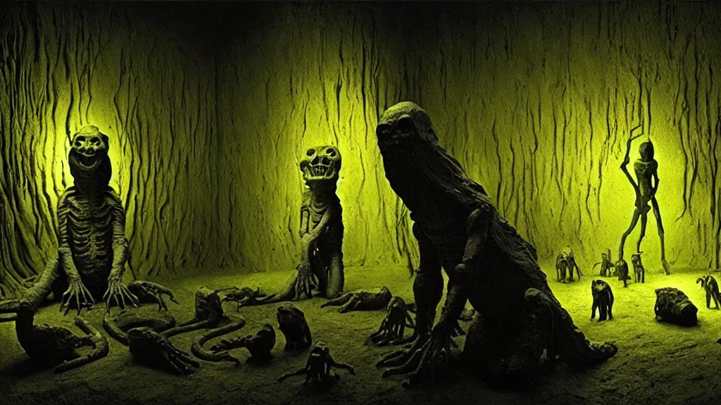 Prompt: the creature in the basement, made of wax! and bone ceramic, bioluminescence, surrounded by animals, film still from the movie directed by denis villeneuve and david cronenberg with art direction by salvador dali and zdzisław beksinski, wide lens