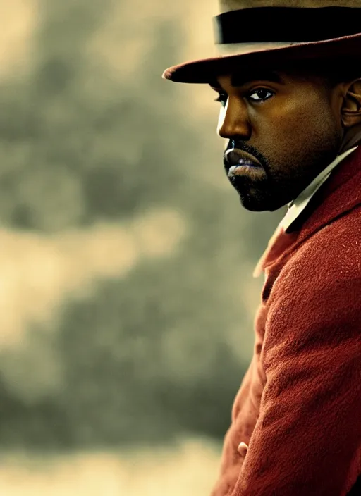 Image similar to portrait kanye west as willy wonka in django unchained, splash art, movie still, cinematic lighting, long lens, shallow depth of field, bokeh, anamorphic lens flare, 8 k, hyper detailed, 3 5 mm film grain