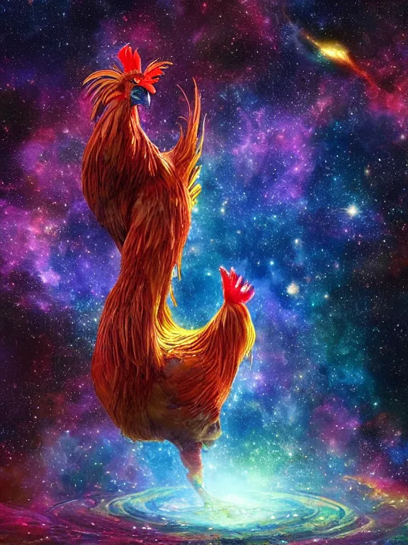 Prompt: a lone giant rooster, centered, floating in space, center of the universe, \ galaxy cosmic nebula, epic, volumetric light, hyperrealistic, glitter, mega detailed, beautiful composition, beautiful lighting, unreal render, 4 k, vincent di fate, john berkey, michael whelan