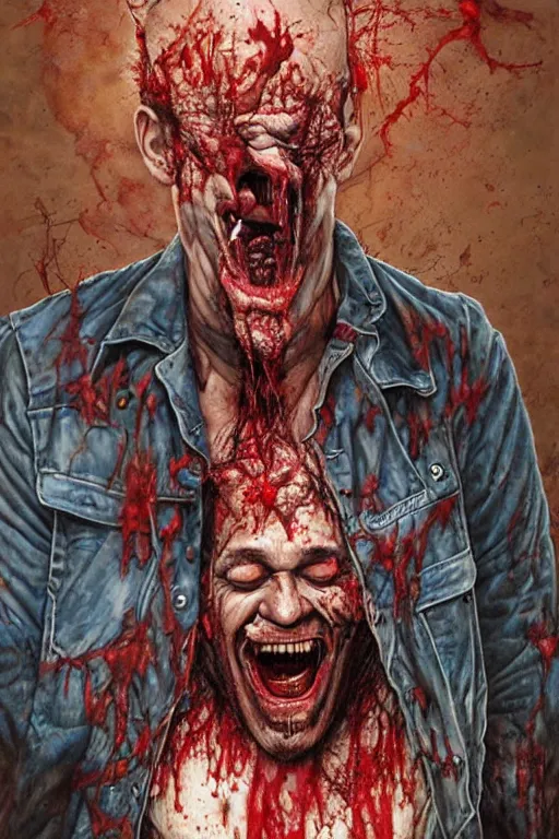 Image similar to a maniac covered in blood laughing manically. he is wearing a denim vest. in the style of of true detective. art by tomasz alen kopera and glenn fabry.