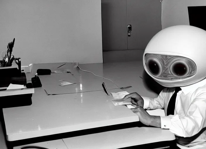 Image similar to an alien wearing a suit working a desk job at Area 51 in 1960s, archive photograph