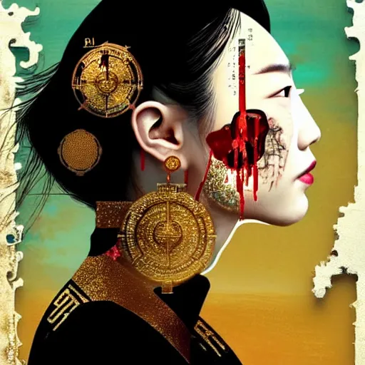 Image similar to portrait and side profile of a chinese woman :: side profile :: in ocean :: clockwork details :: gold :: blood and horror :: by vikings and Sandra Chevrier