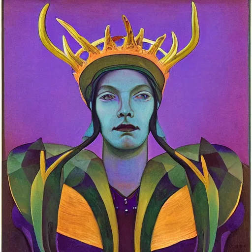 Prompt: the antler crown, by Annie Swynnerton and Nicholas Roerich and Diego Rivera, bioluminescent skin, elaborate costume, geometric ornament, symbolist, cool colors like blue and green and violet, smooth, sharp focus, extremely detailed